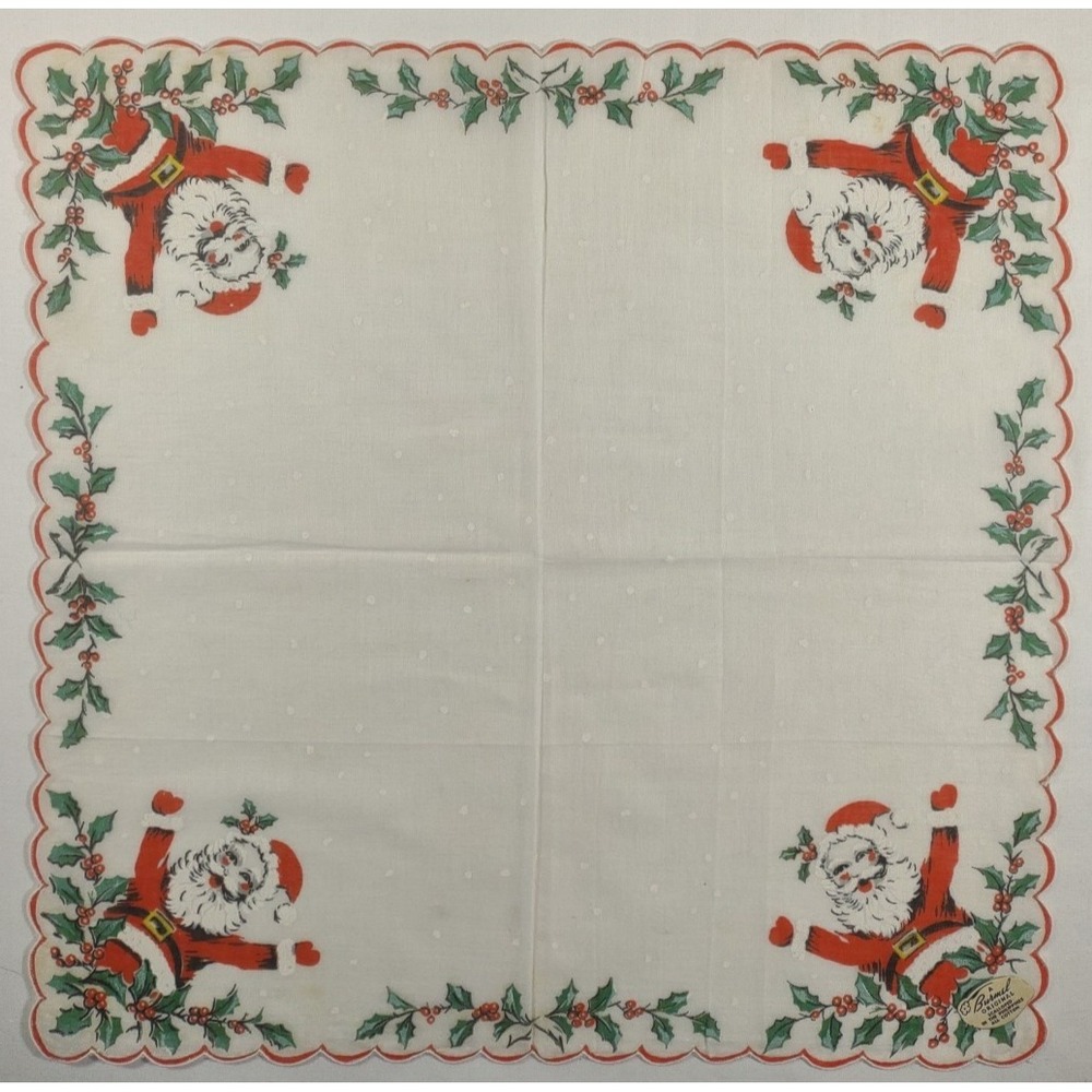 Vtg Burmel tagged Xmas Hankie Happy Santa, Holly scalloped 13x13.25